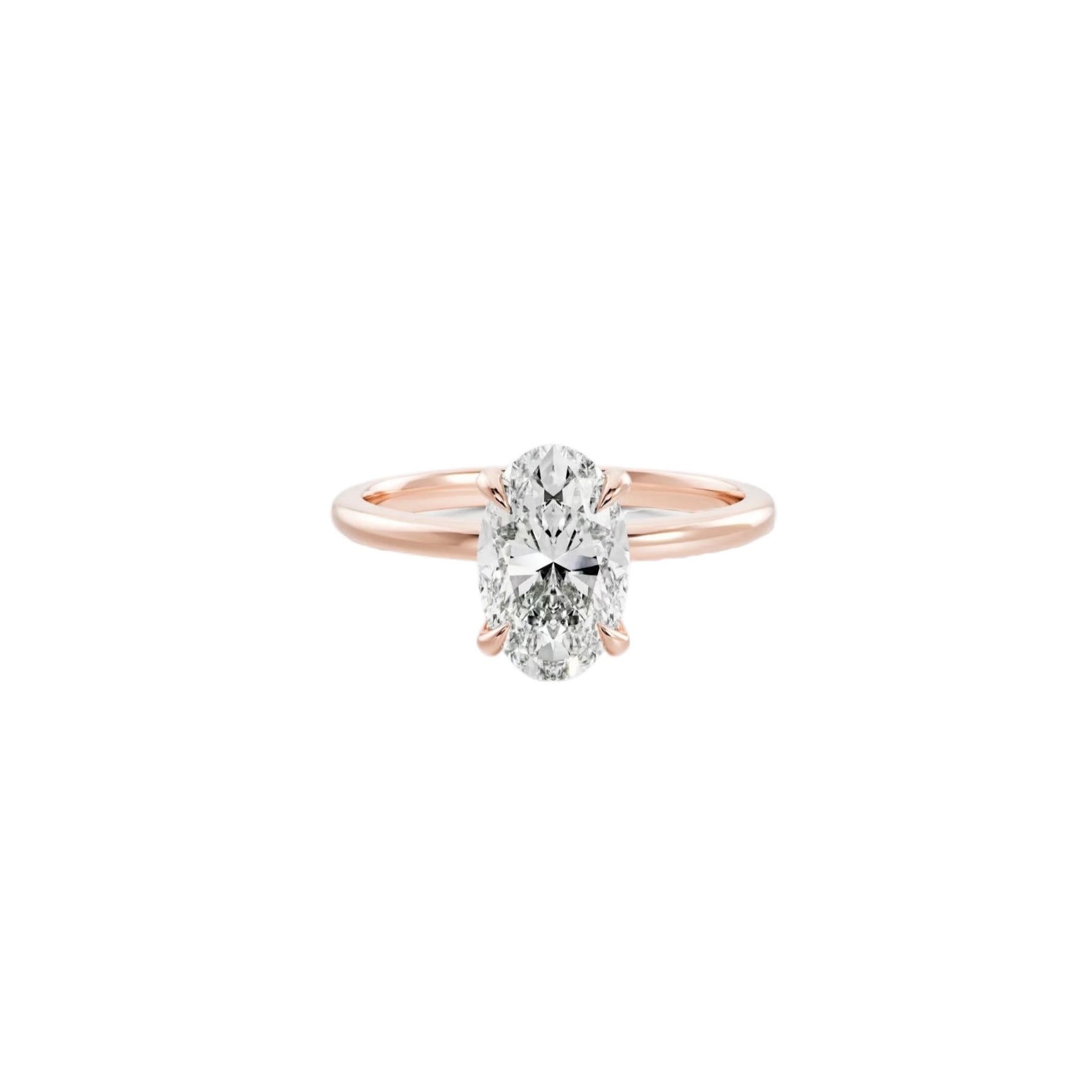 Rose gold ring with a diamond on a white background